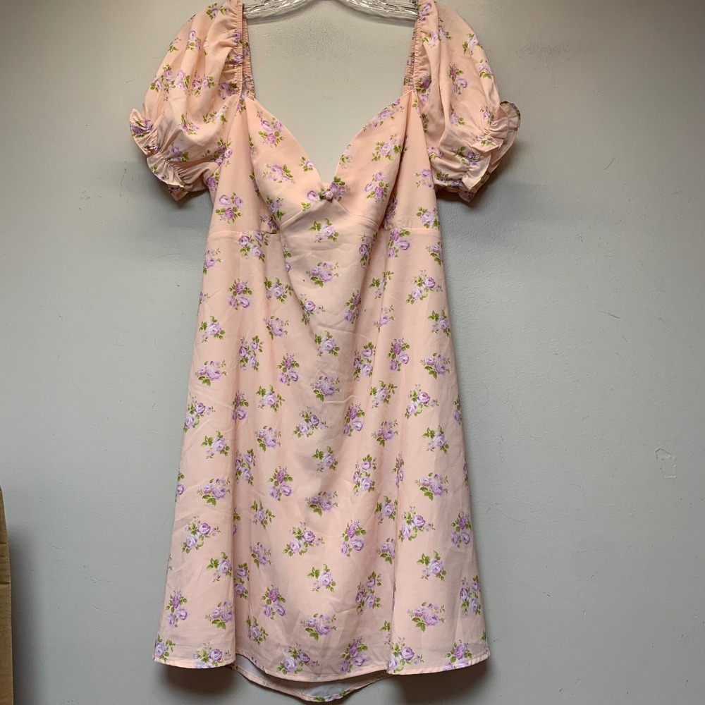 Altar'd State Mini‎ Dress Womens L Pink Excellent Floral Puff Sleeve Tie Back